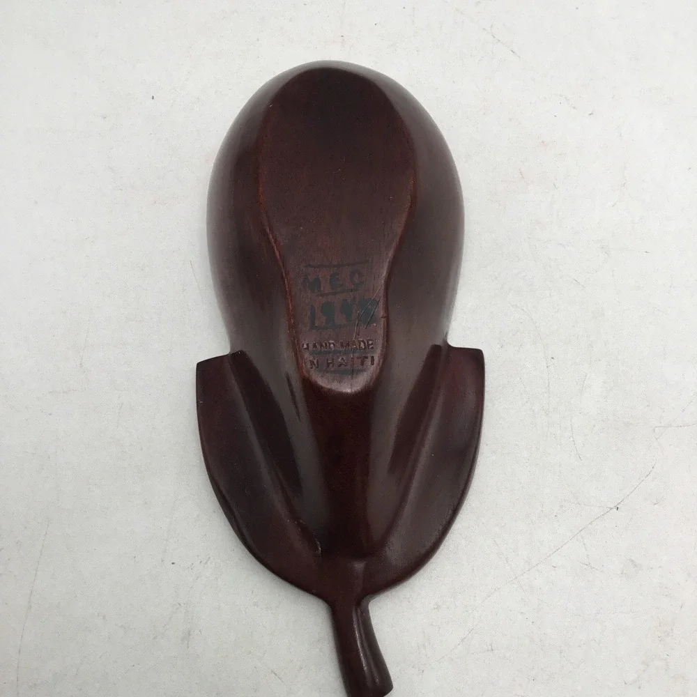 Vintage Hand Carved Wood Leaf Snack Bowl with Spoon Haiti Mahogany Tone 8.5 Inch